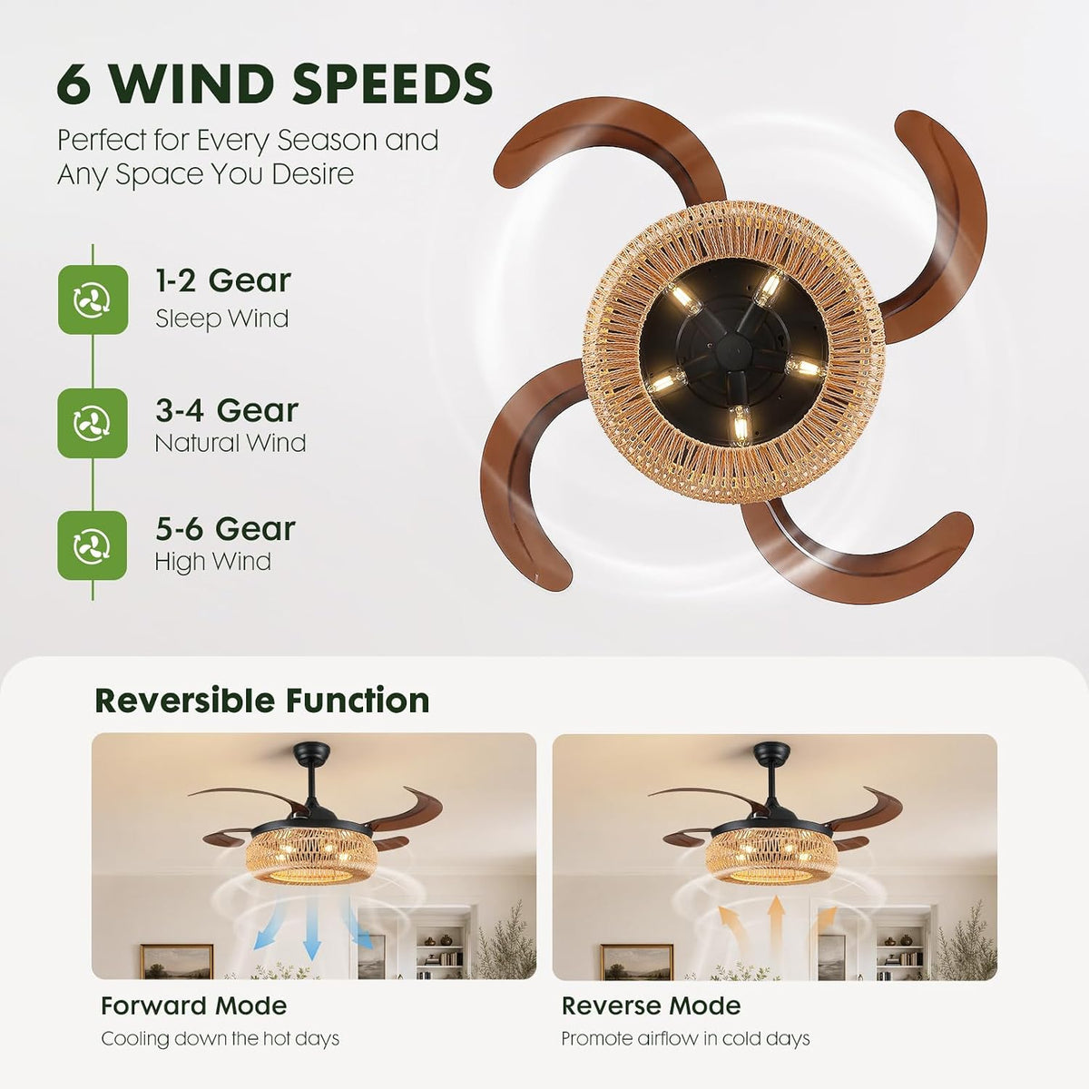 48" Retractable Boho Ceiling Fan with Lights and Remote Rustic Fandelier Bladeless Invisible Ceiling Fan Industrial