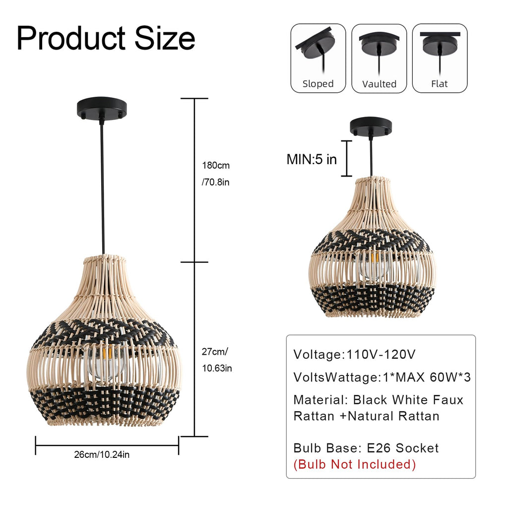 3-Pack Rattan Pendant Light Mini Hand-Woven Black White Rattan Chandelier