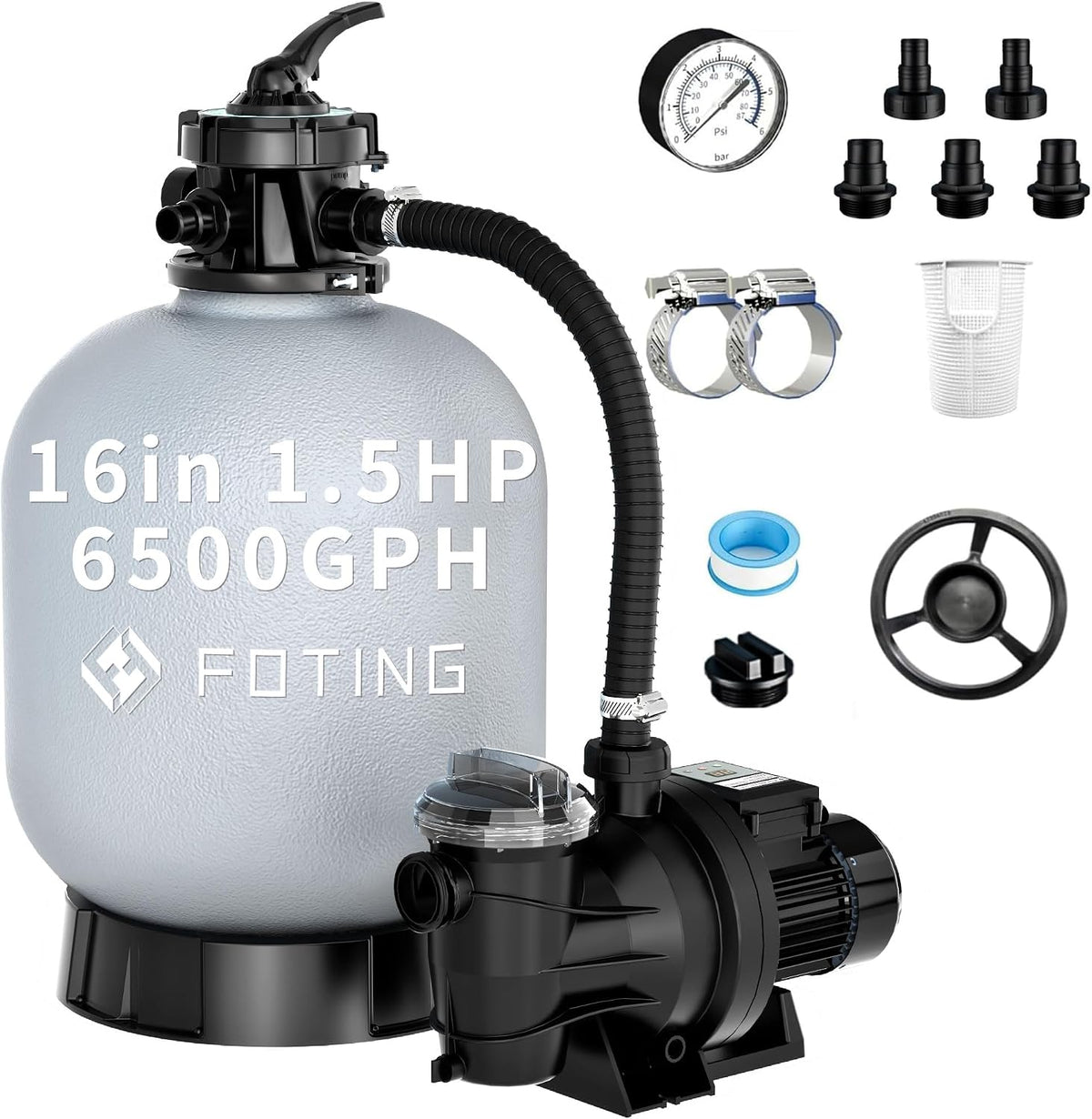16in 1.5 HP Sand Filter Pump for Above Ground Pool, 6500 GPH Pool Pumps Above Ground for Pools up to 22000 GAL, Sand