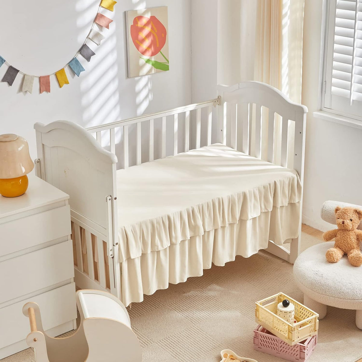 Mini Crib Bedding Set 3 Pieces Baby Boho Quilted Tufted Ruffles Comforter with Fitted Sheet and Ruffled Bed Skirt