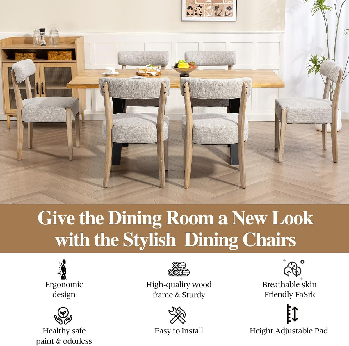 Dining Chairs Set of 4,Mid Century Modern Dining Chair Set - Linen Upholstered Low Back Kitchen & Dining Room Chairs