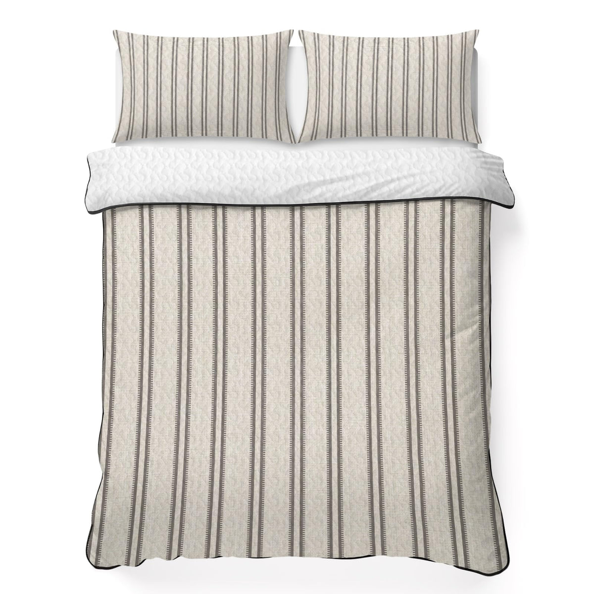 Ticking Stripe Quilts Bedding Set Minimalist Vertical Lines Beige Linen Texture Lightweight Quilted
