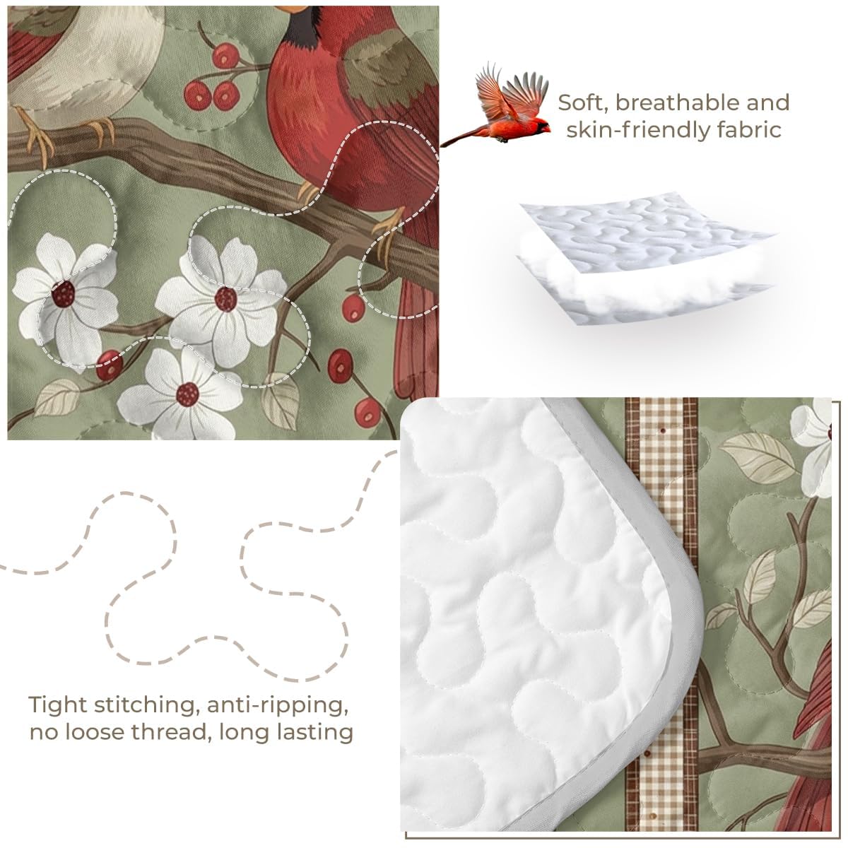Cardinal Bird Quilt Set Size Farmhouse Floral Country Bedding with Sage Green Background Gingham Border