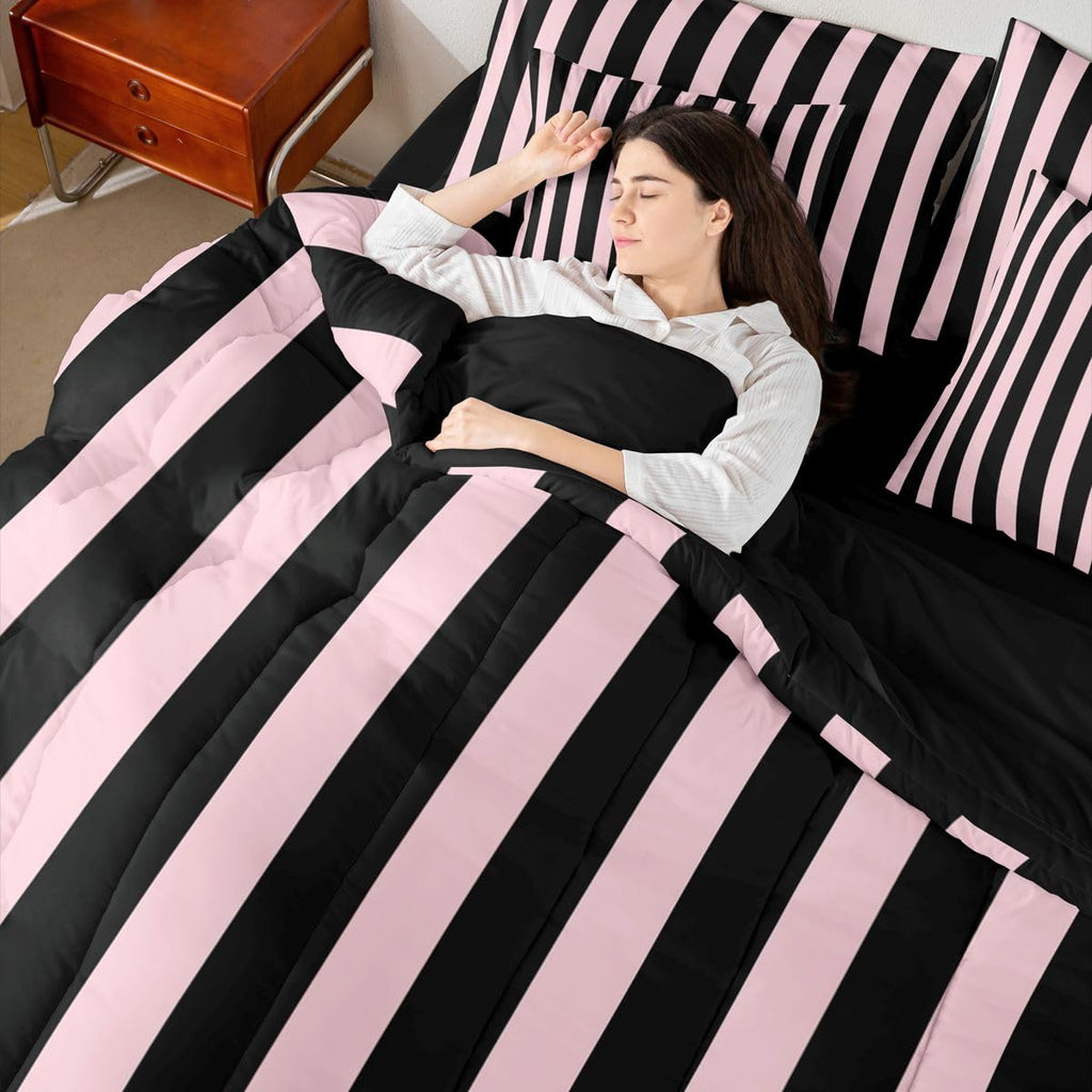 Pink and Black Striped Bedding Set Stripes Comforter Set