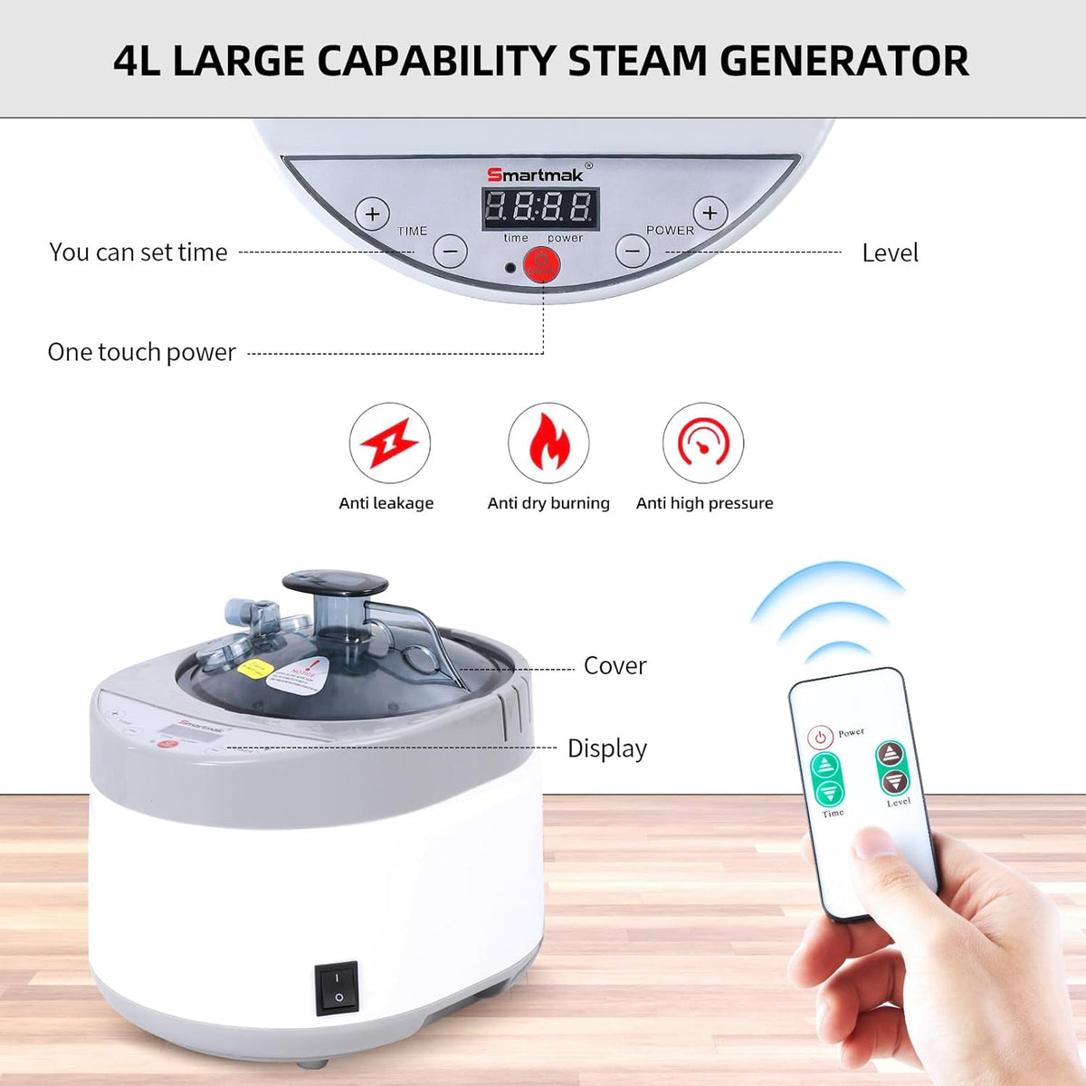 Smartmak Sauna Steamer, Portable 4L Upgraded 1500W Steam Pot Generator with Remote Control