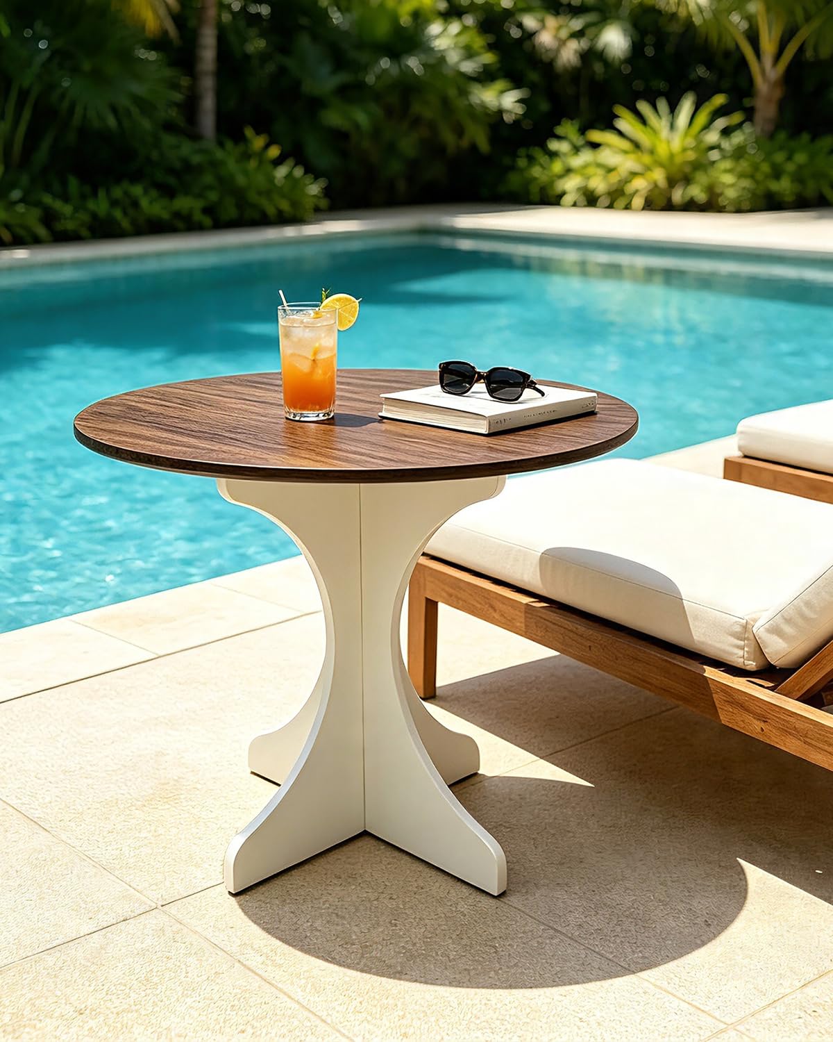 Inspired Saarinen Style Mid Century Modern Round Side Table Accent 24in Coffee Table with Amber Wood Grain Tabletop & White Curved Base