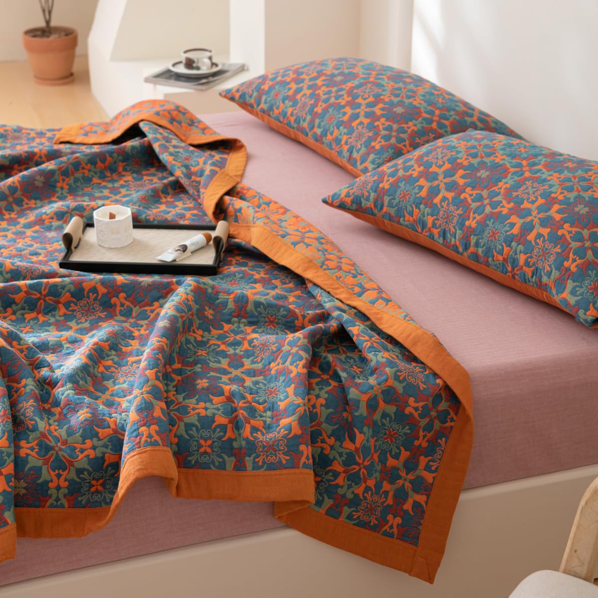 100% Cotton Muslin Blanket Jacquard Bohomian Mandala Floral Print Quilt, Soft Bed Cover Reversible Bedspread Coverlet
