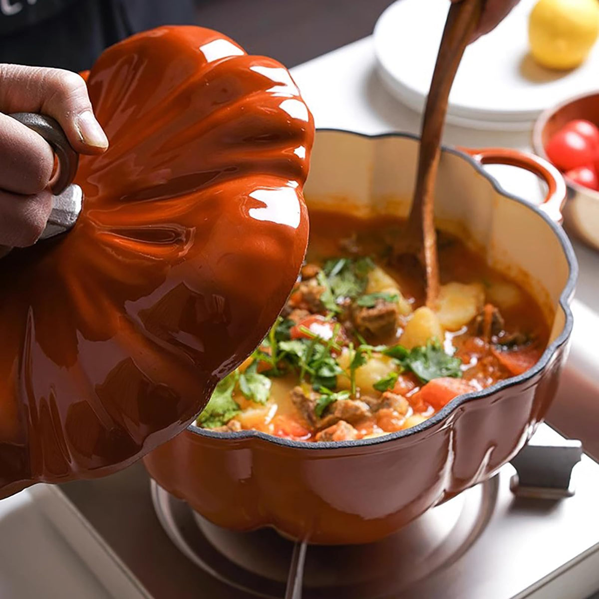 Pumpkin Cocotte,Pumpkin Dutch Oven Pot with Lid,Enamel Cast Iron Cooking Pot,Non Stick Pumpkin Pot,Stew Pot Soup