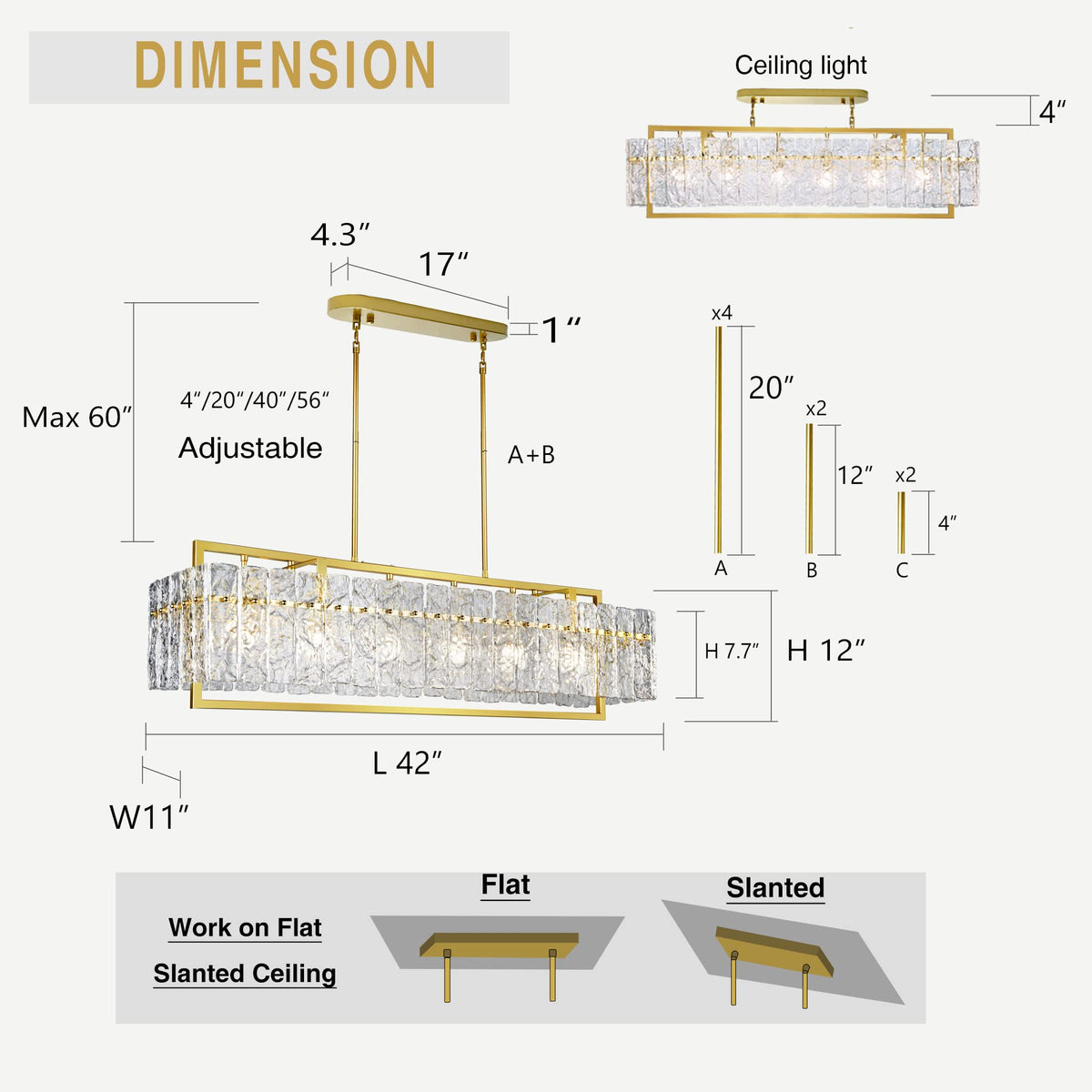 42" Gold Large Modern Crystal Rectangular Chandelier