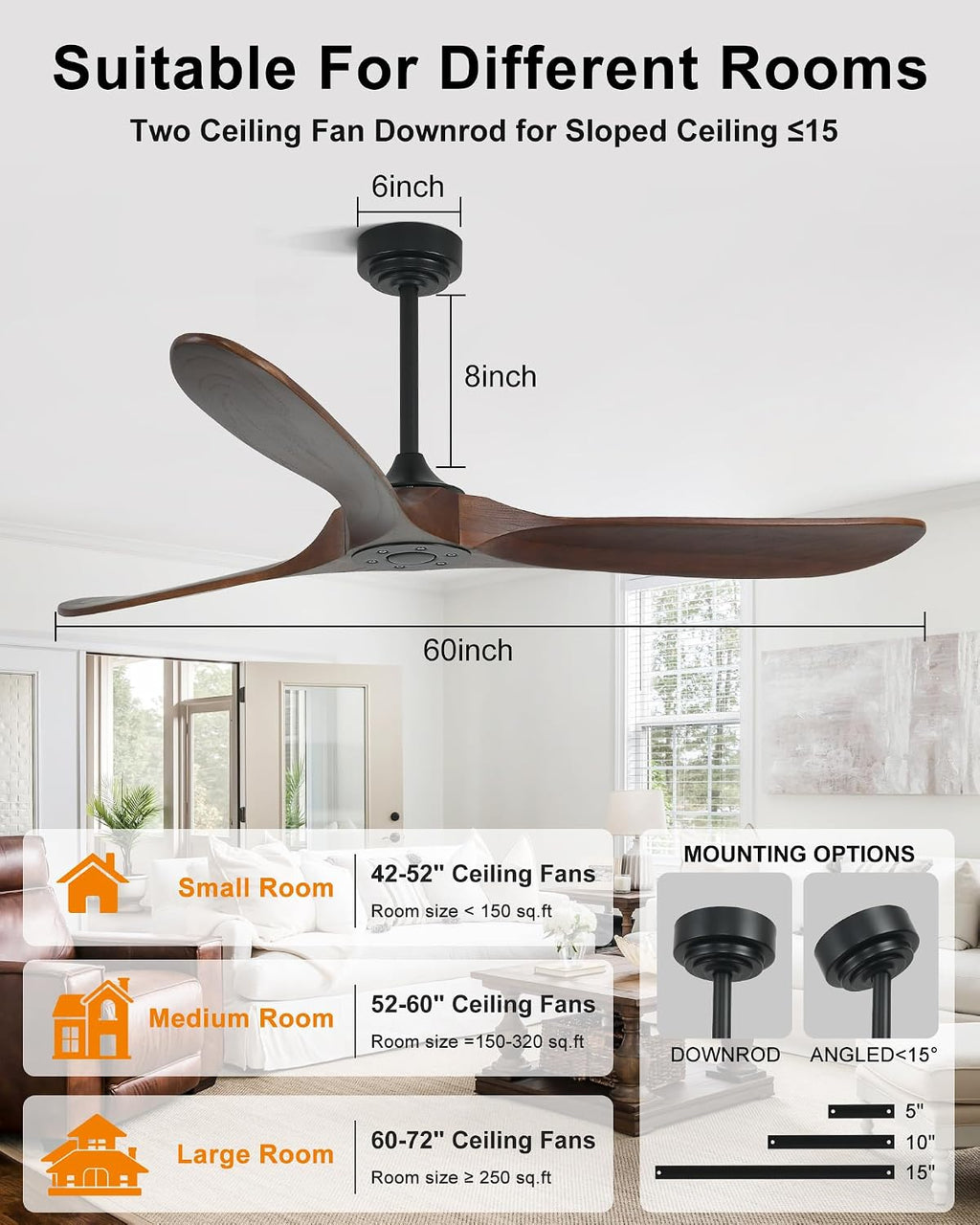 60" Solid Walnut Wood Propeller Ceiling Fan No Light with Remote