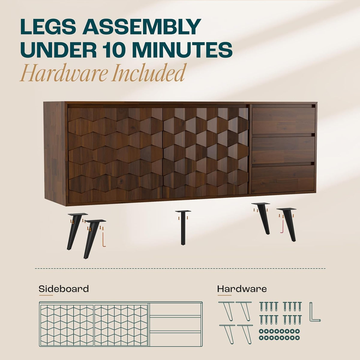 Sideboard Georgina Solid Wood 2 Doors & 3 Drawers, 61'' Mid Century Modern Cabinet with Geometric Pattern for Kitchen
