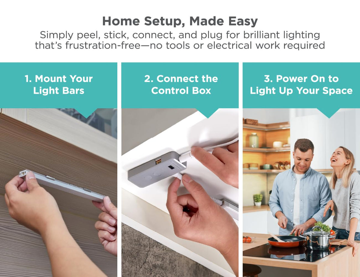 Under Cabinet Light Kit, Motion Sensor, Dimmable, Linkable, 3 Color Settings, Tool-Free, Cabinets and Closets, (3) 9"