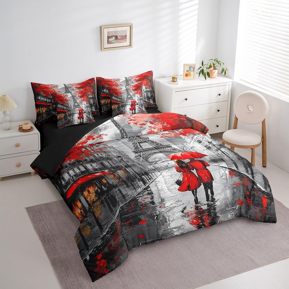 Paris 7-Piece King Comforter Set Twin Size for Couple Girls Women Eiffel Tower Bed in A Bag Romantic Bedding Set with