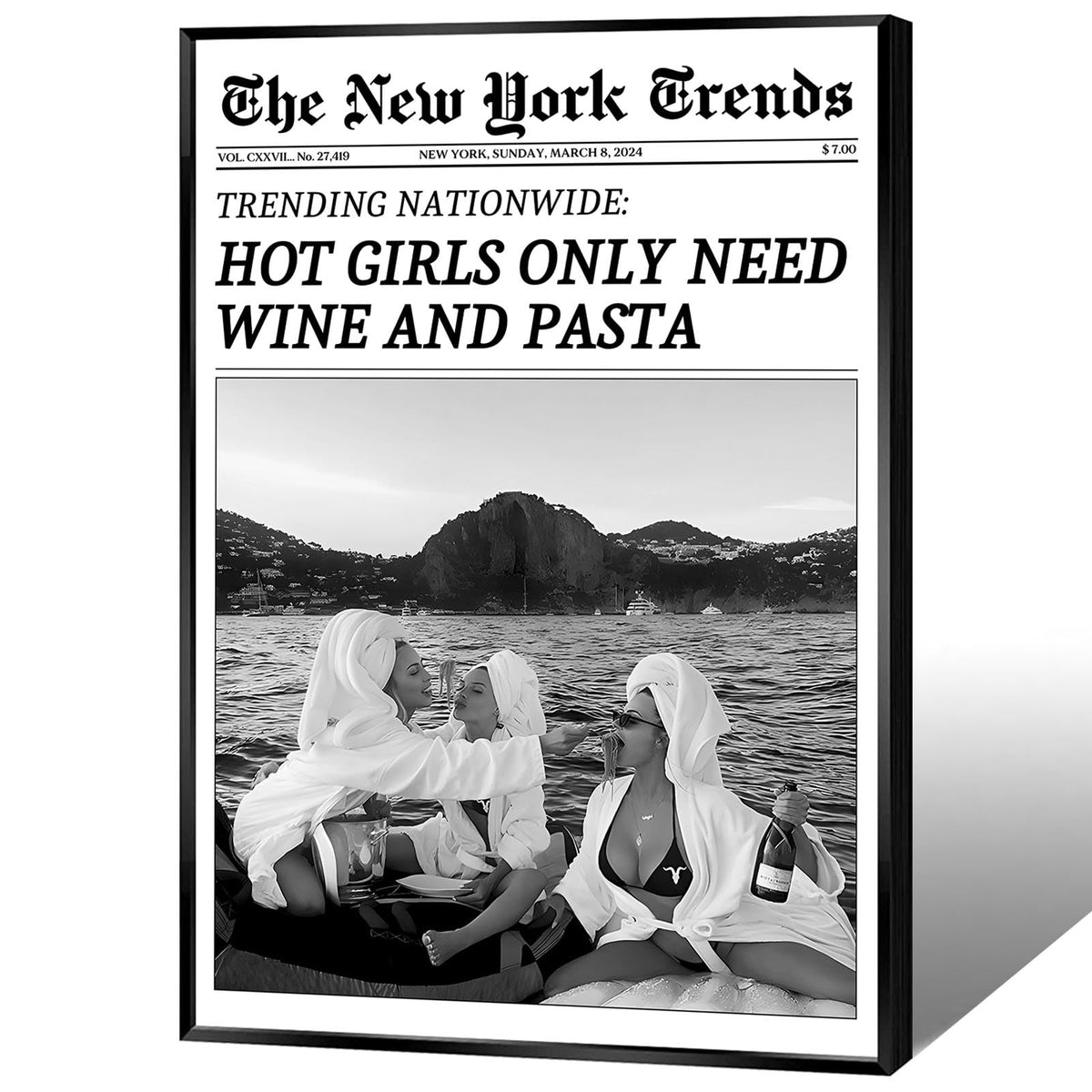Vintage Trendy Black And White Newspaper Print Poster Retro Times Canvas Wall Art Funky Hot Girls Eating Pasta Prints