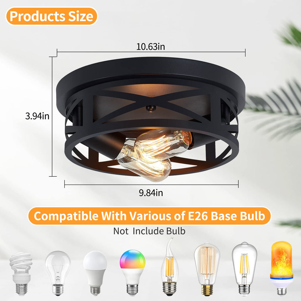 2 Pack Black Flush Mount Ceiling Light, Industrial Farmhouse Metal Cage Black Light Fixtures Ceiling Mount Entryway