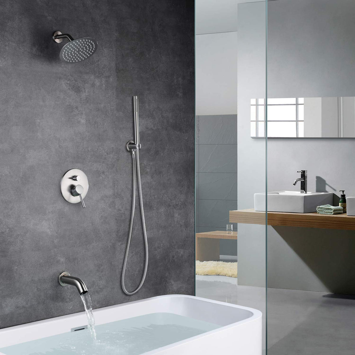 Brushed Nickel Shower System with Waterfall Tub Spout