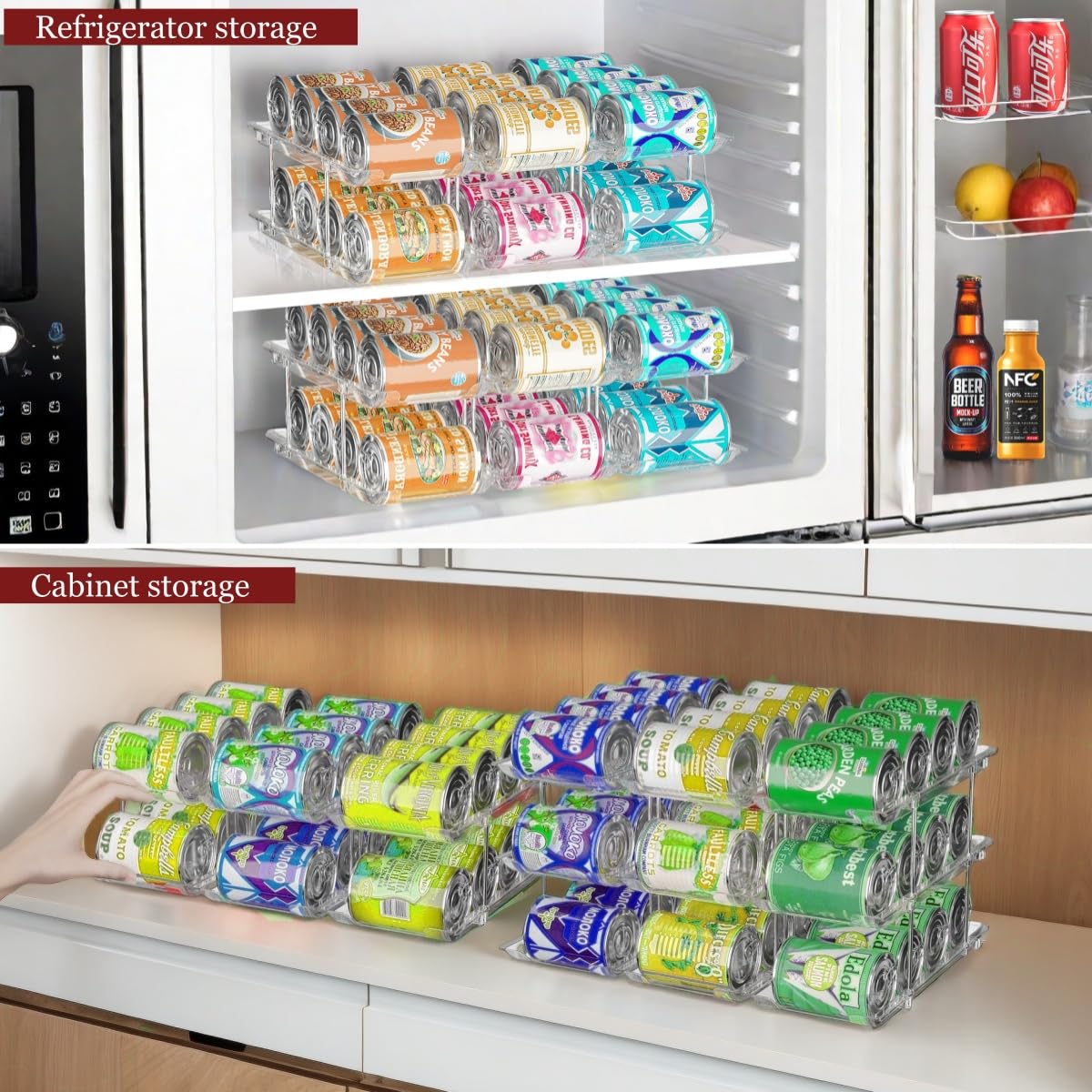 Can Organizer for Pantry, 2 Tier Stackable Rolling Can Storage Rack
