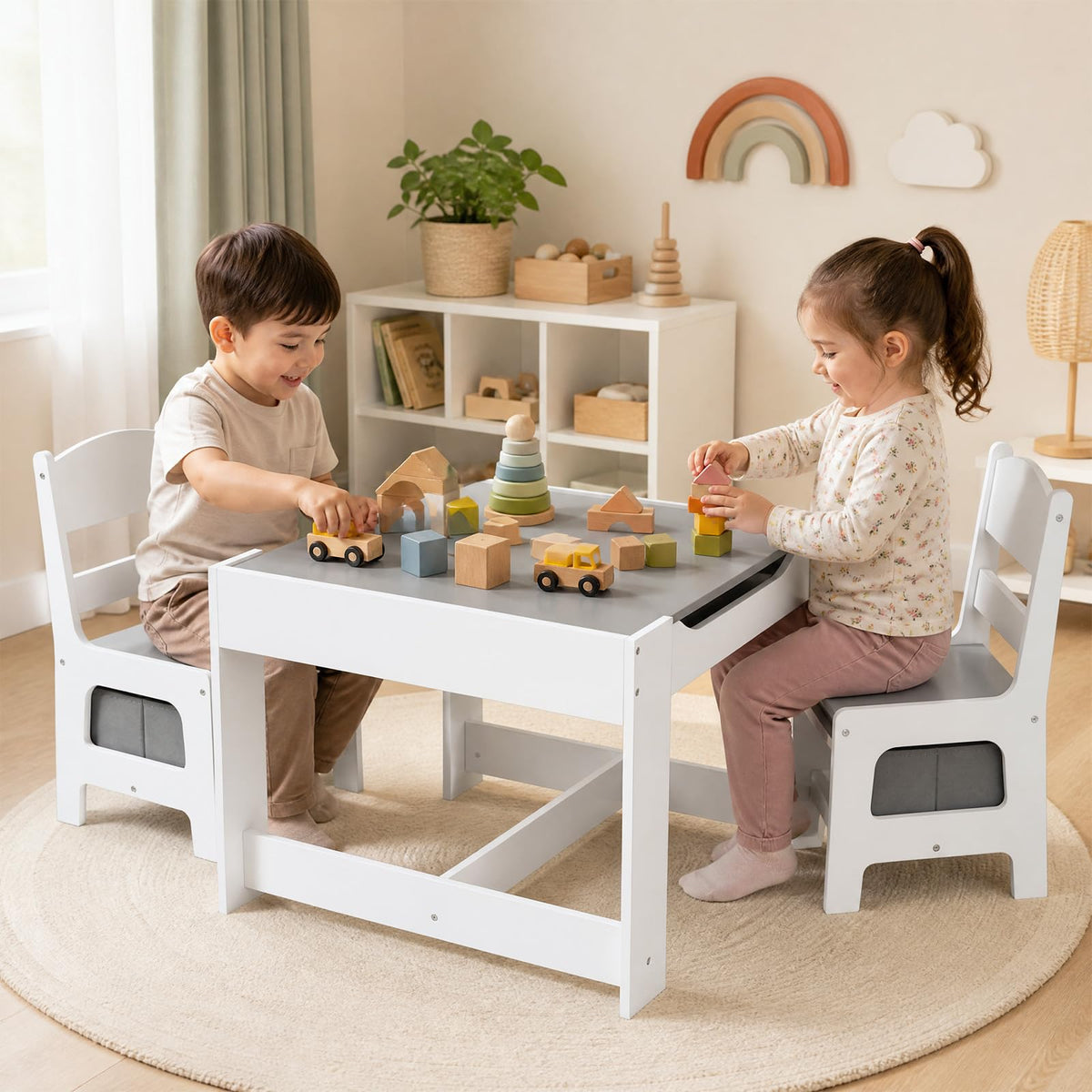 Toddler Table and Chair Set, 3-in-1 Wooden Kids Table with Storage