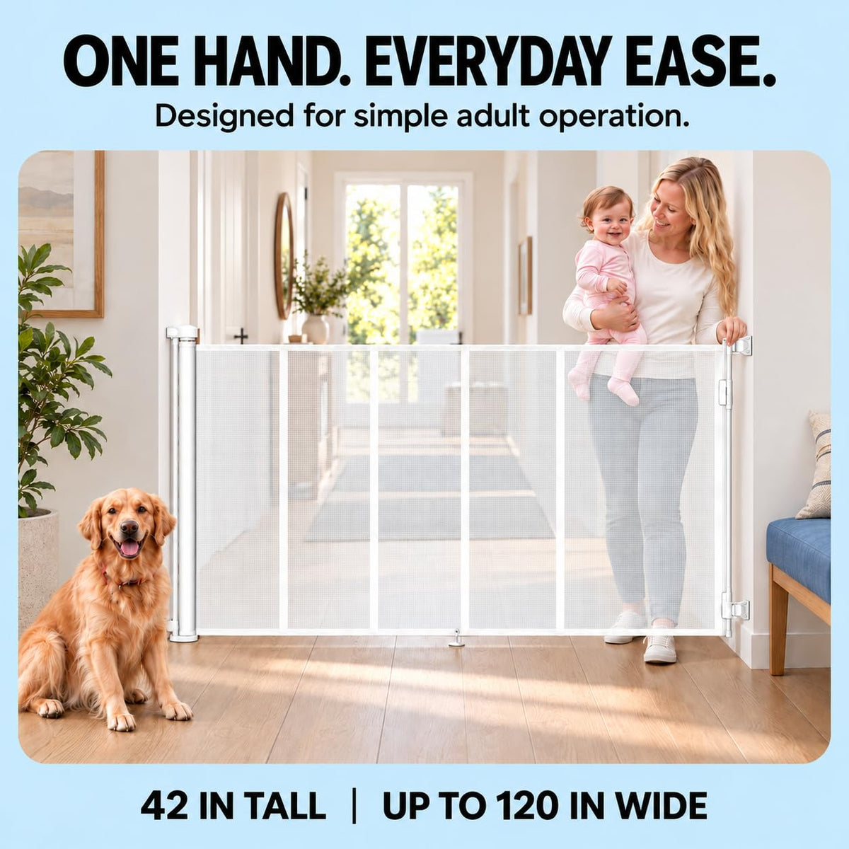 120" Extra Wide Retractable Baby Gate, 43" Tall Dog Gate for Stairs