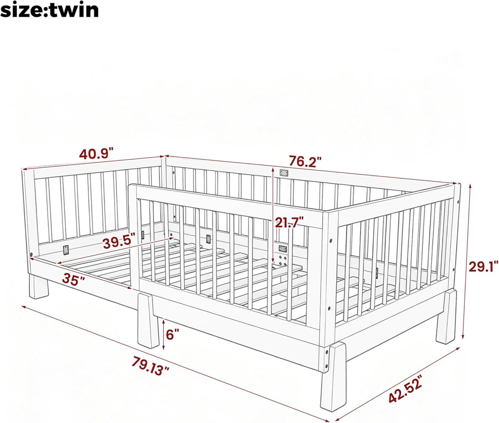 Montessori Floor Bed with Guardrails for Kids, Natural