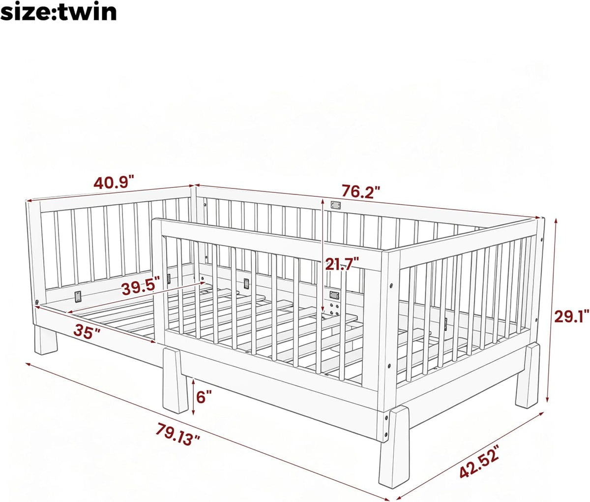 Montessori Floor Bed with Guardrails for Kids, Natural