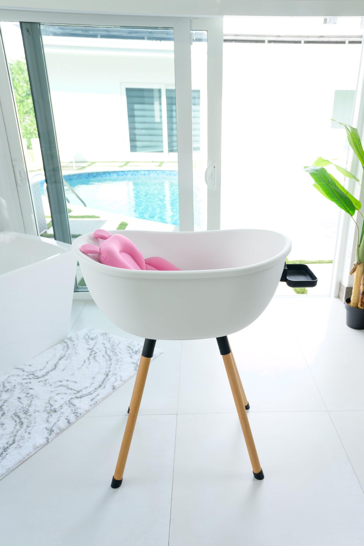 Luxury Baby Bathtub with Wooden Stand - 3-Stage Convertible, Ergonomic & Back-Saving Design (Pink Bundle)