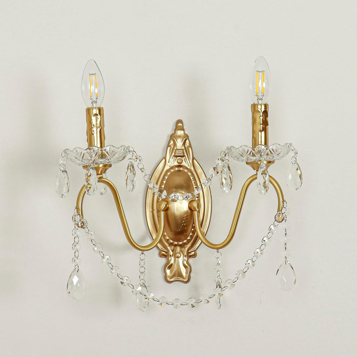 French Vintage Crystal Wall Sconce, Victorian 2-Light Gold Iron Finish, E12 Traditional Candle Style Wall Lamp for Bedroom, Hallway, Living Room, Bathroom Vanity (1-Pack, 2 Light Sources)