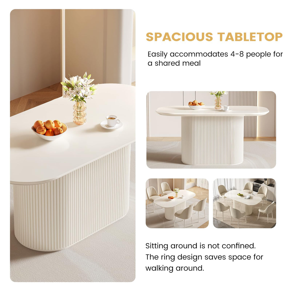 70" White Dining Table Set with 6 Chairs, Oval Kitchen Set