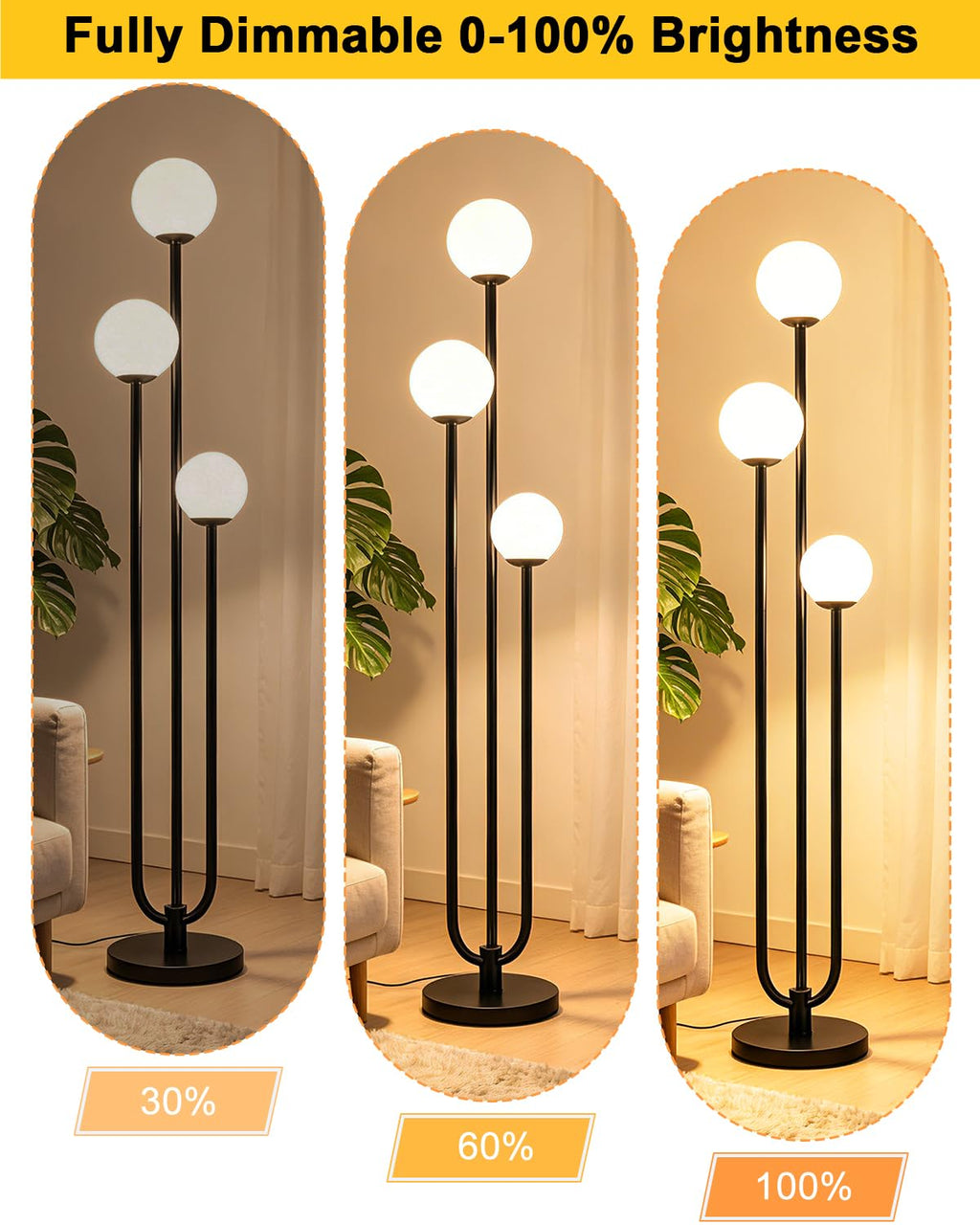 63IN 3-Light Dimmable Floor Lamp, Unique Black Tall Standing Lamps with 3000K Bulbs for Reading, Mid Century Modern