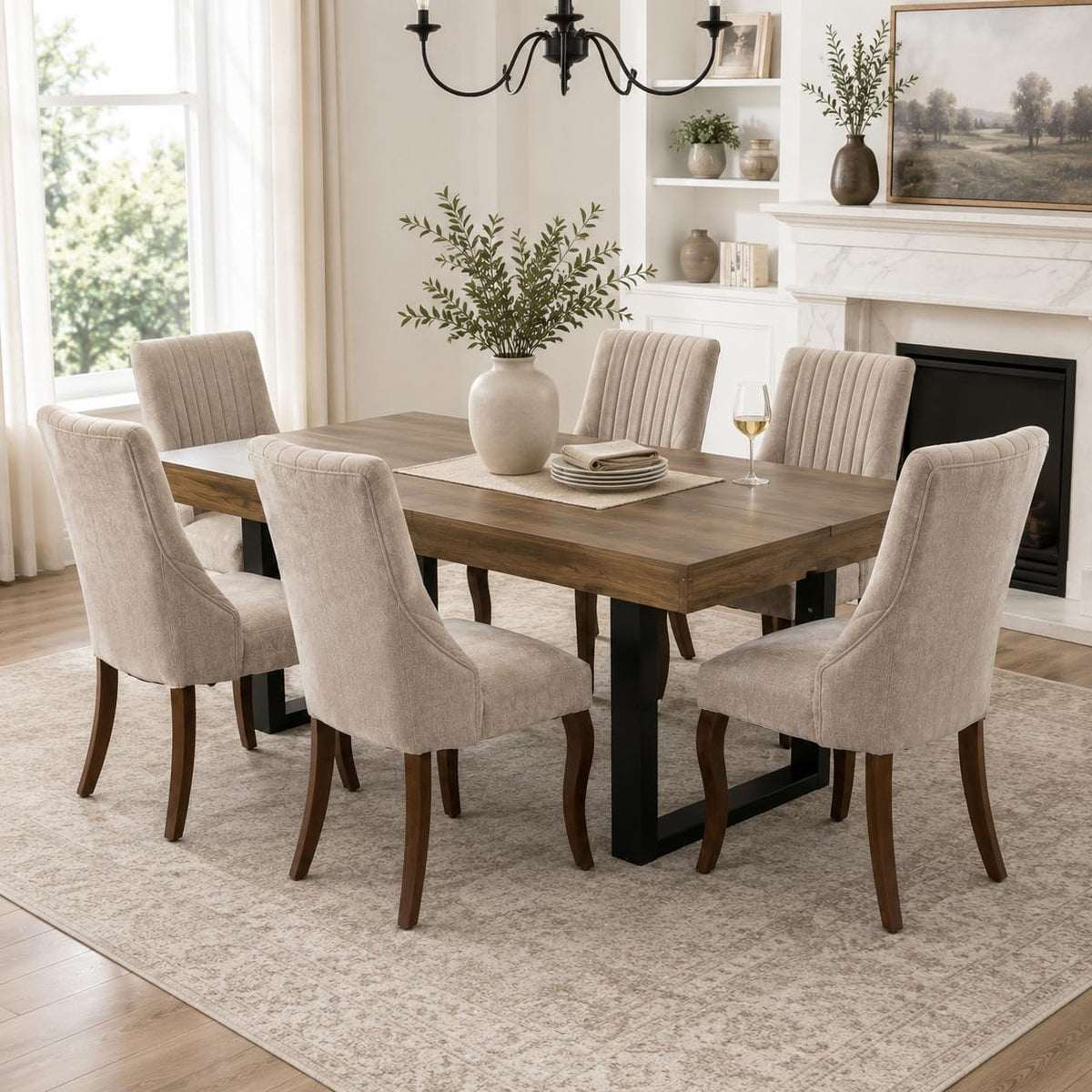 Extendable Dining Table Set for 6, 63"-79" Large Rustic Kitchen Table Set