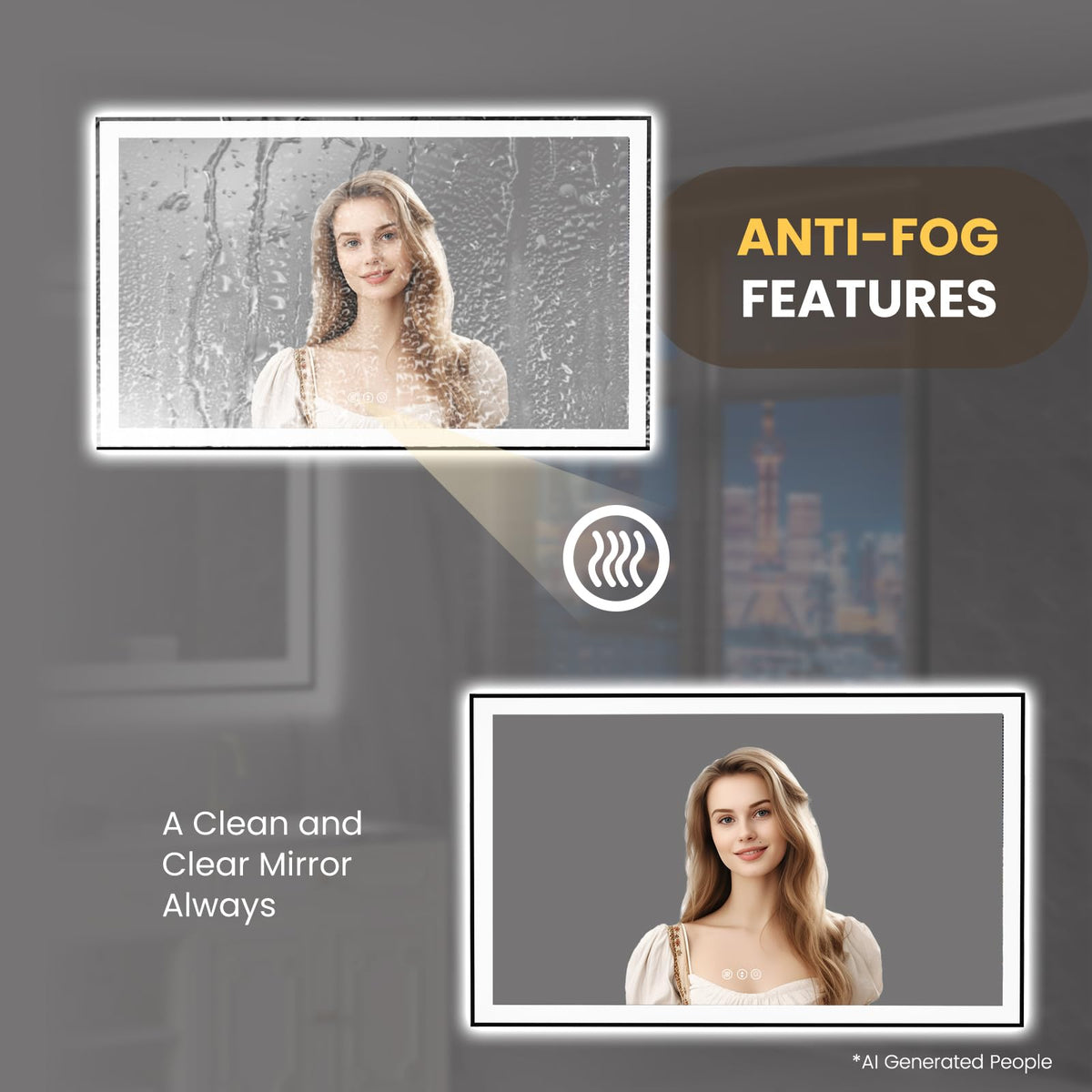 60"X36" LED Bathroom Mirror Black Framed
