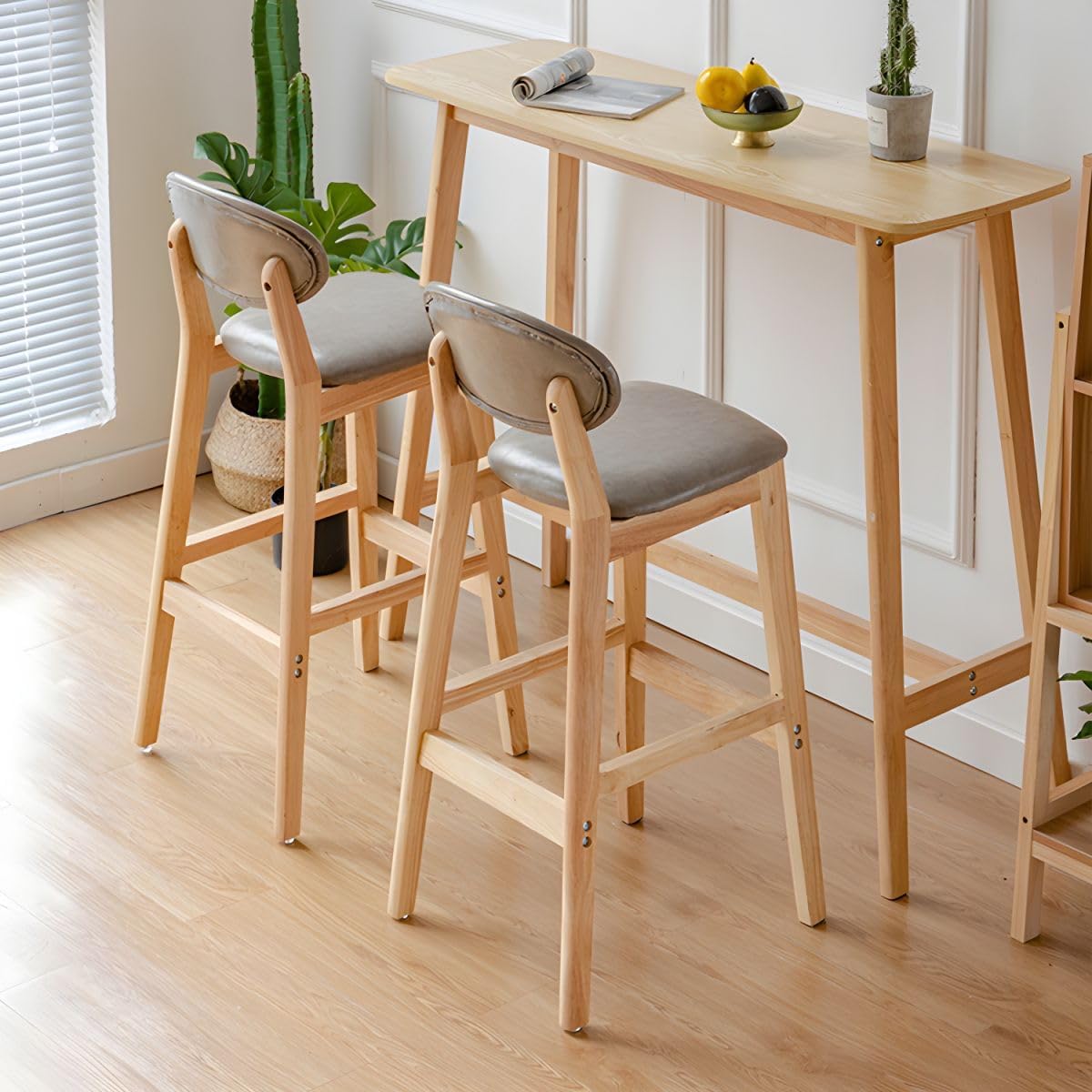 Modern Armless Backrest Counter Stool Soild Wood Bar Chair Counter Height with Pedal and PU Leather Dining Living