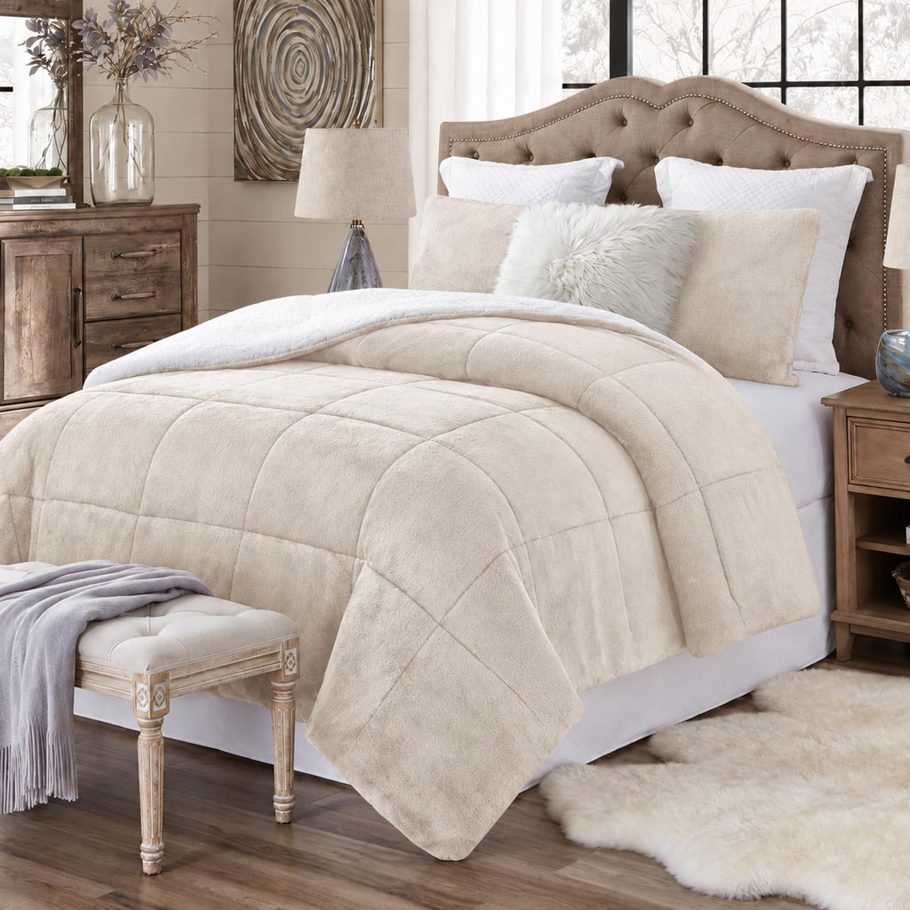 Comforter Set, Faux Fur Sherpa, Coconut Milk