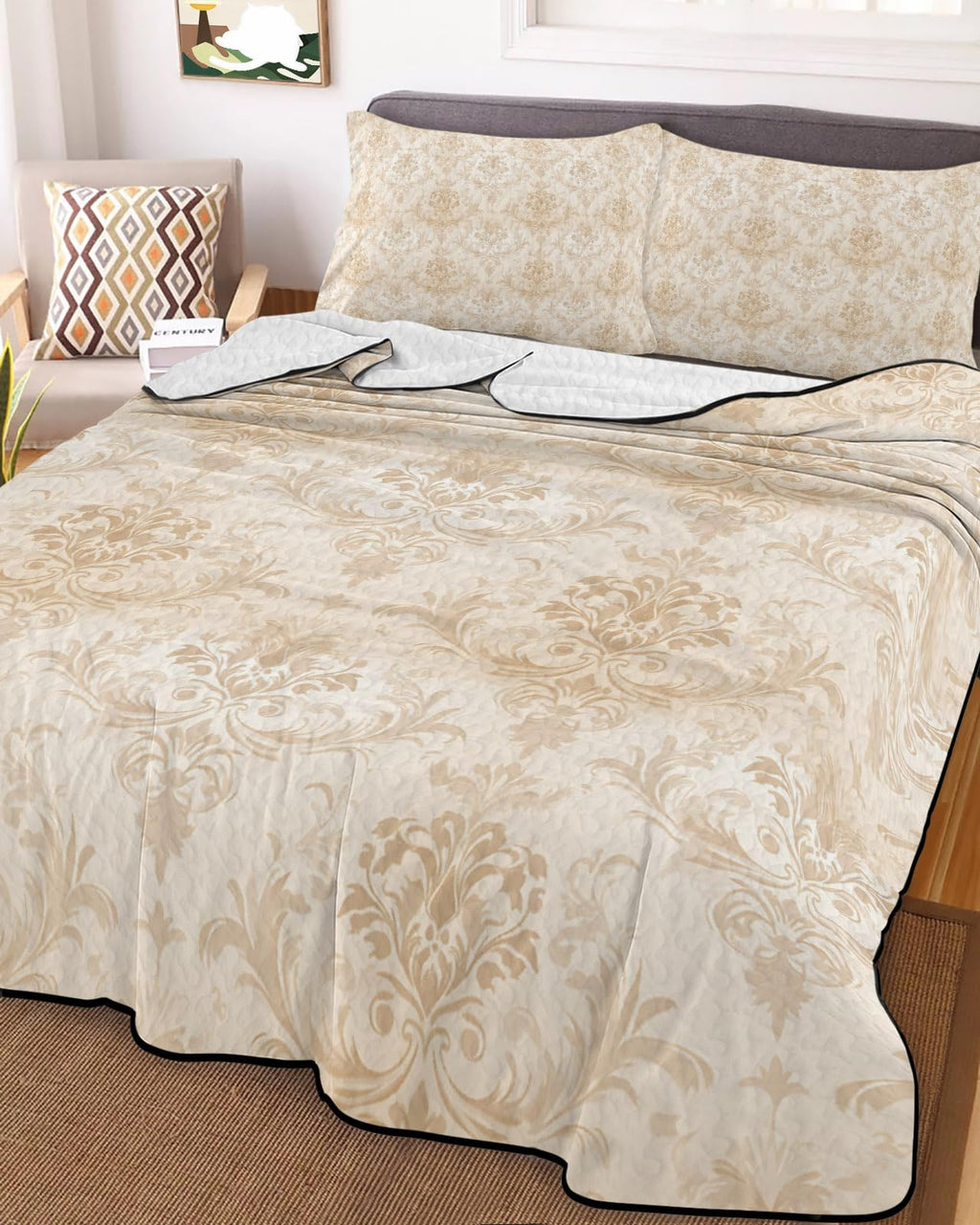 Quilt Set, Vintage Brocade Classic Floral Lightweight Bedspread Coverlet Set Soft Microfiber Summer Quilt