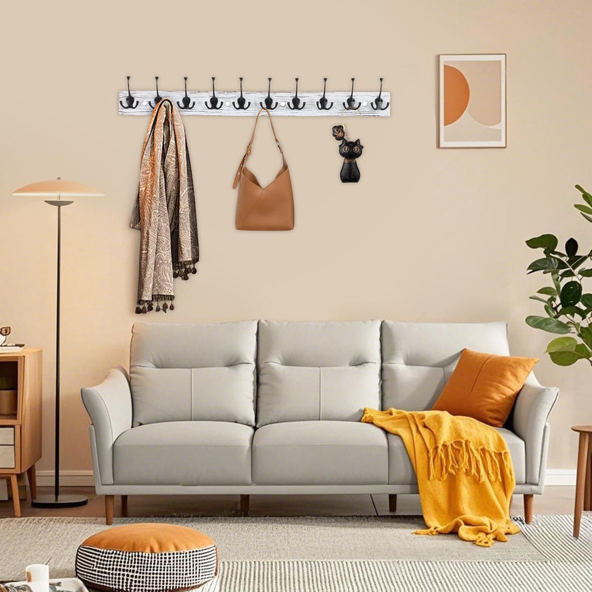 Vintage White Wall Mounted Coat Rack, 34" Long with 10 Tri-Hooks