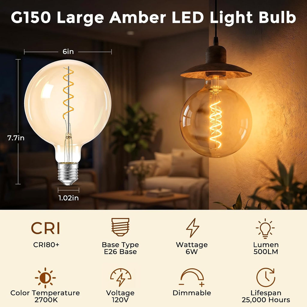 Oversized LED Edison Bulb 60 Watt, E26 Base Dimmable 2700K, Amber