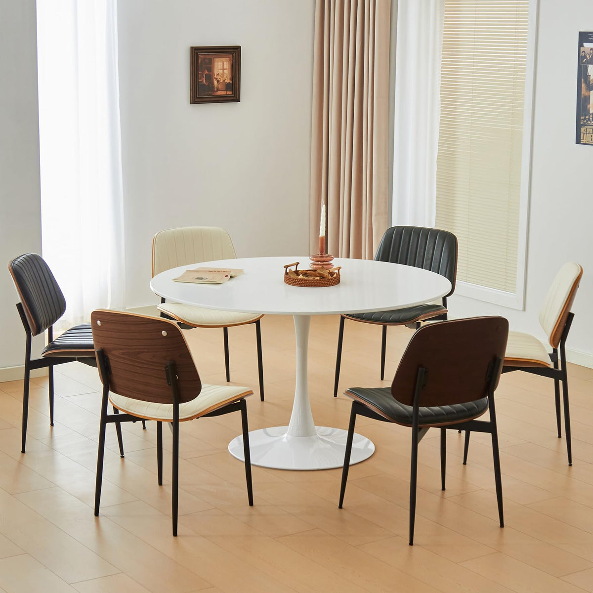 Inspired Saarinen Style Round Dining Tulip Table for 4, Mid-Century Modern Table with Sturdy Metal Pedestal, Bistro, Cafe, Leisure (White
