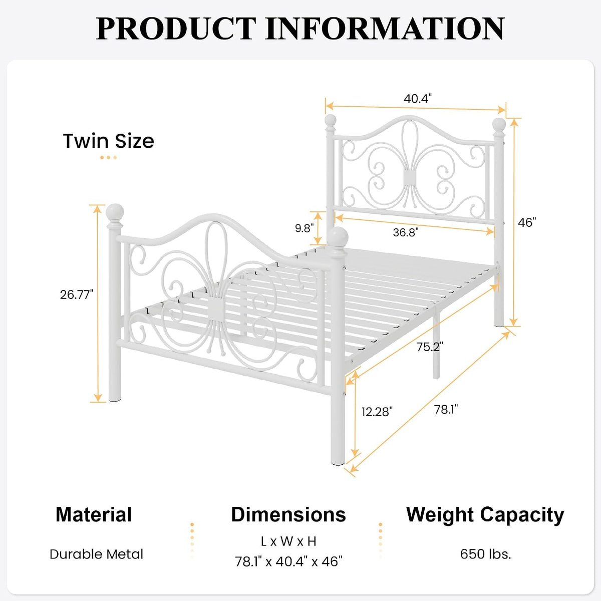 Twin Size Bed Frame for Kids,Metal Bed Frame with Butterfly Pattern Design Headboard & Footboard,No Box Spring