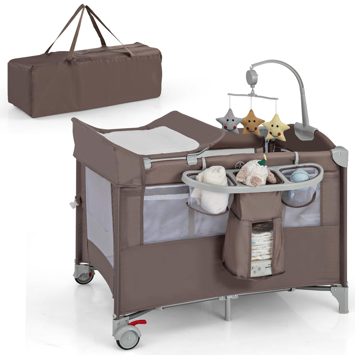 Play Yard with Bassinet, 5-in-1 Baby Bedside Sleeper w/Diaper Changing Table & Storage Bag, Toy Arch & Music Box
