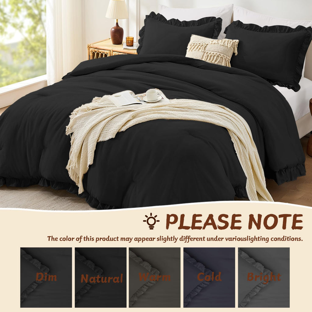 Comforter Sets, Ruffle Bedding Set, 3 Piece Bed Set, Black