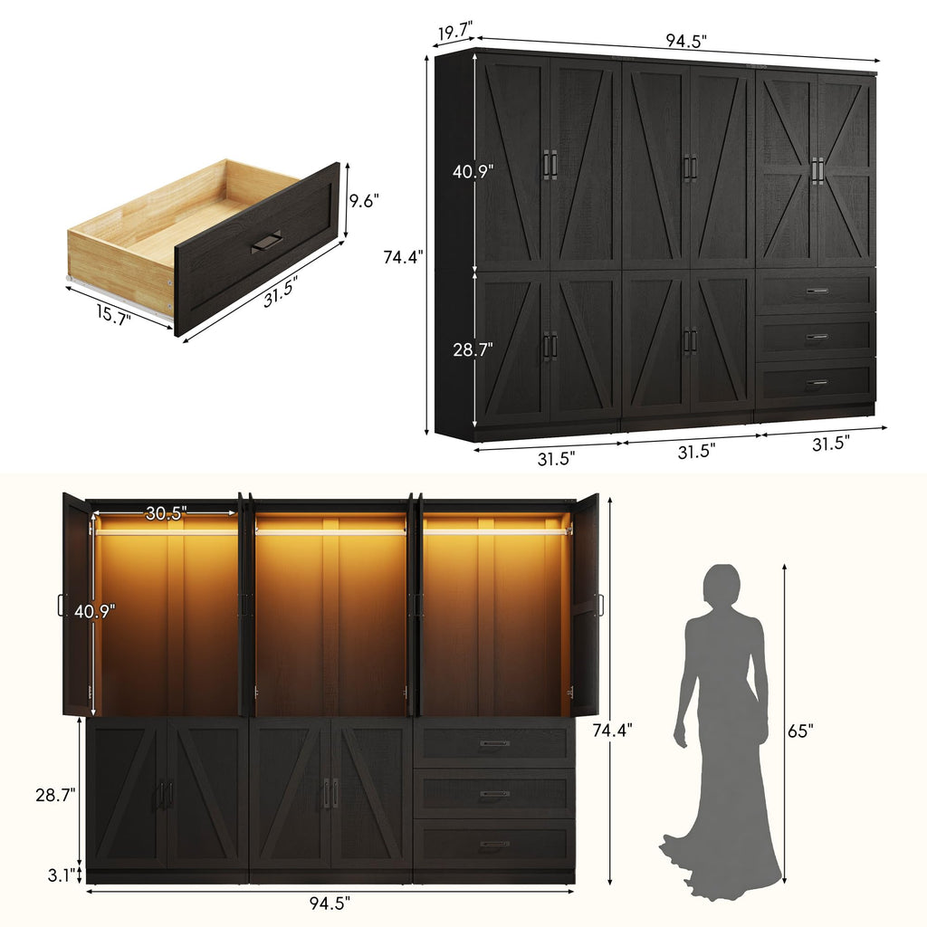 74" Tall Farmhouse Armoire Wardrobe Closet with Sensor LED Light(Black AAB)