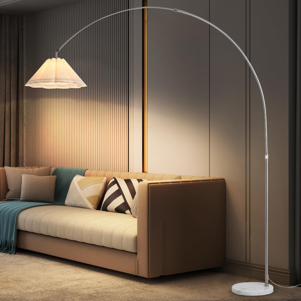 Inspired Arco Style Large Arc Floor Lamp with Natural Marble Base - 81" Tall Adjustable Arched Standing Lamp, Chrome Stainless Steel Over