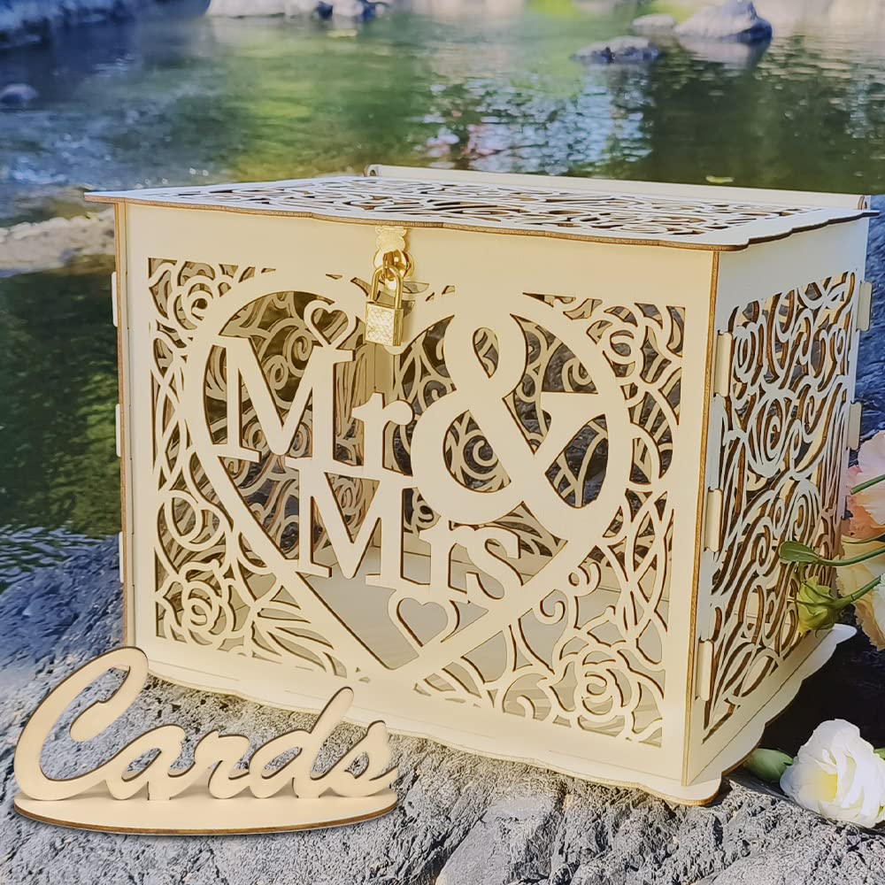 Wedding Card Box with Lock and Card Sign, Wooden Gift Card Box Money Box for Reception Wedding Anniversary Baby