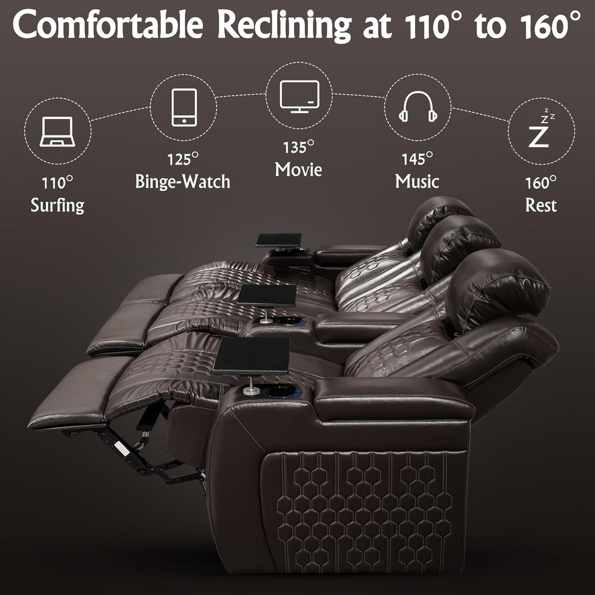 Home Theater Seating,Top-Grain Leather Recliner Sofa, Zero Gravity Power Reclining Couch with Ambient LED Lights