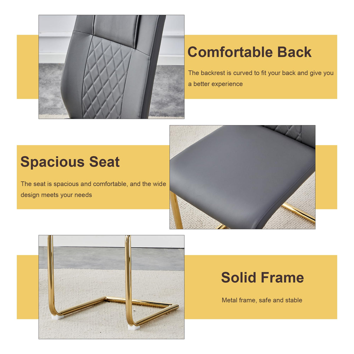 Marble Dining Table Set for 6, 63 in Black Rectangular Table with Gold X-Shaped Frame and 6 Grey Leather Dining