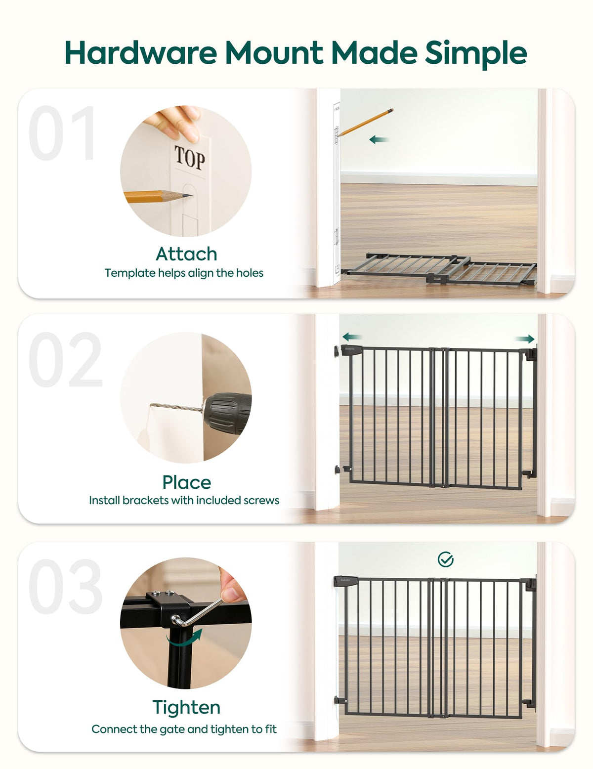Extra Tall No Bottom Bar Baby/Dog Gate, 34" H, 29.7-46.5" W, Black