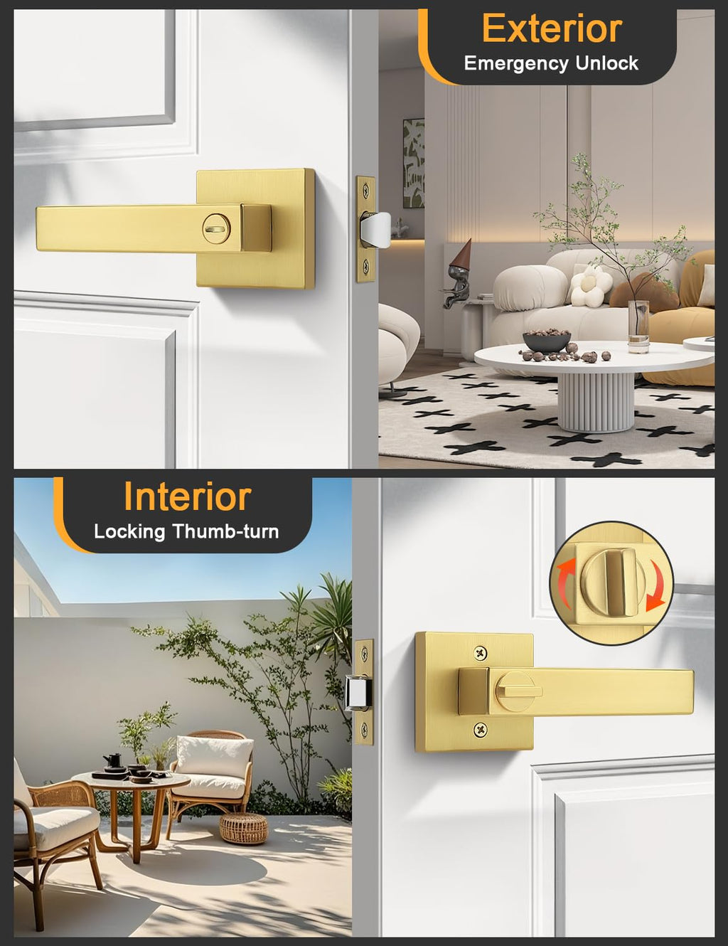 4 Pack Heavy Duty Gold Square Privacy Interior Door Levers, Satin Brass Finish, Bedroom and Bathroom Door Handles