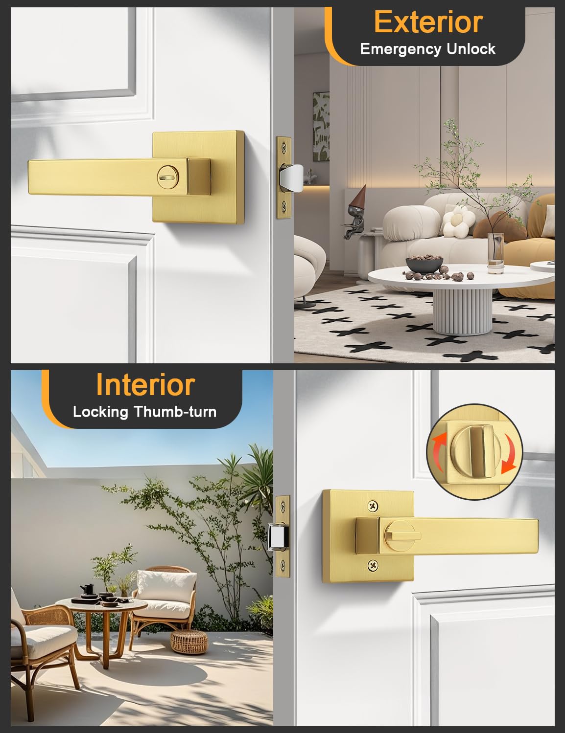 4 Pack Heavy Duty Gold Square Privacy Interior Door Levers, Satin Brass Finish, Bedroom and Bathroom Door Handles