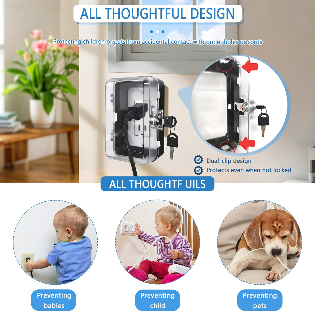 Child Proof Outlet Lock Box with 2 Durable Keys - Heavy Duty Safety Cover for Baby Proofing, Tool-Free Installation