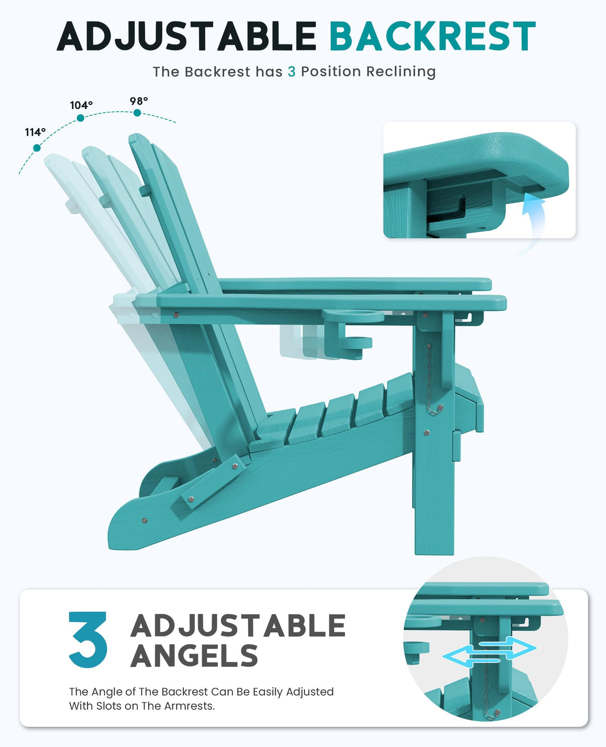 Folding Adjustable Adirondack Chairs Set of 2, Cup Holder, Aruba